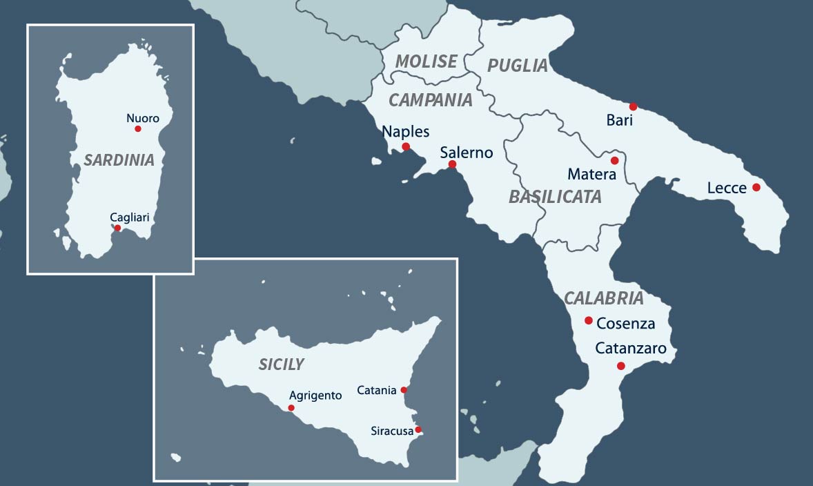 Map of Southern Italy, Sardinia, Sicily