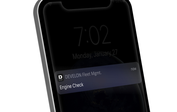 DEVELON Fleet Management Engine Check notification on a mobile screen