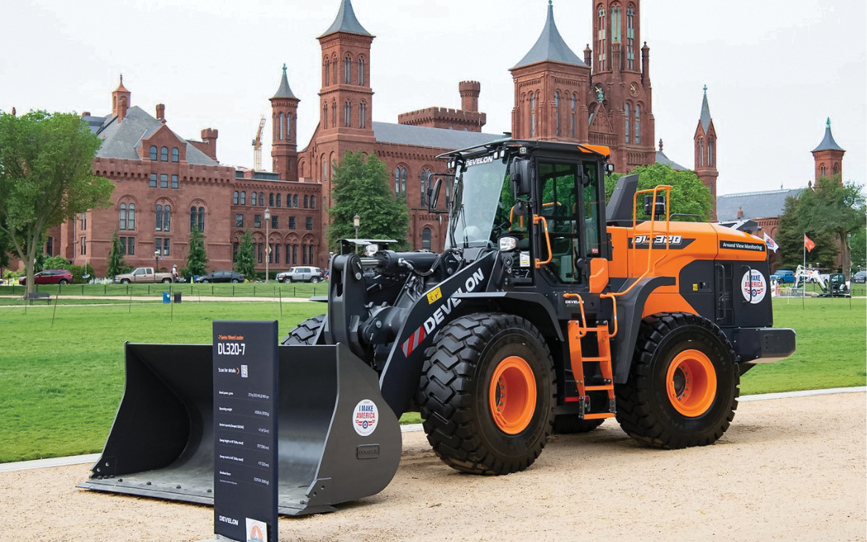 A DEVELON DL320-7 wheel loader on display on the National Mall in Washington, D.C. 