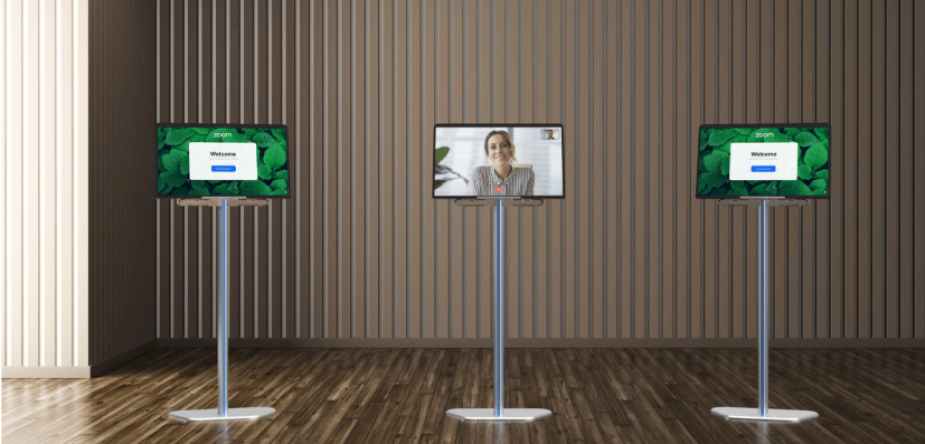 three standing kiosks with ipads